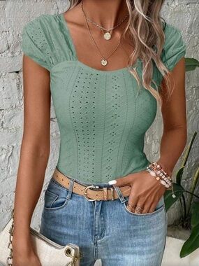 Boho green lace ruffle trim top